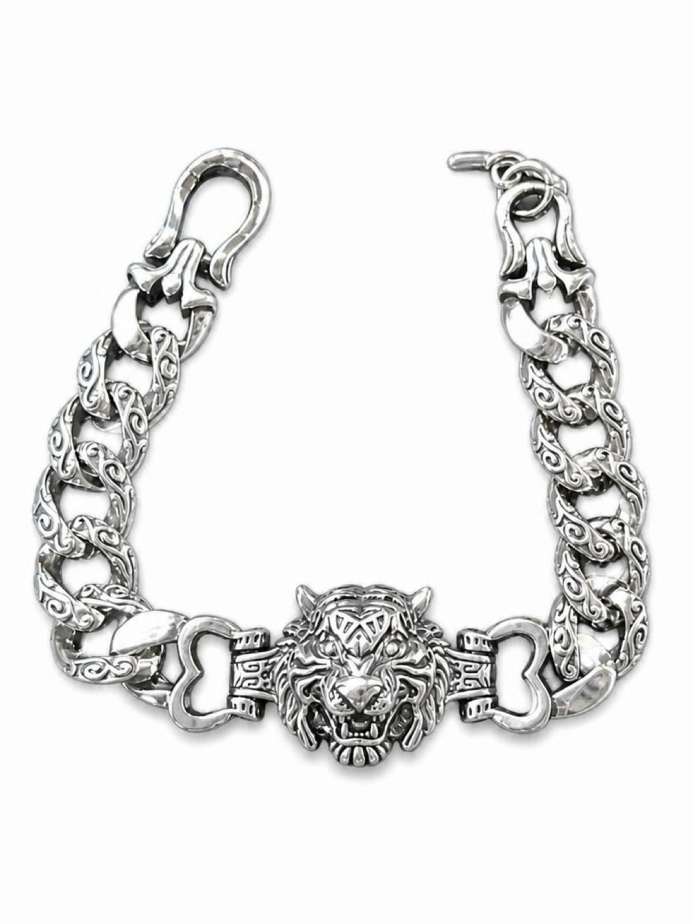 Stainless Steel Tiger Head Link Bracelet in Silver Tone